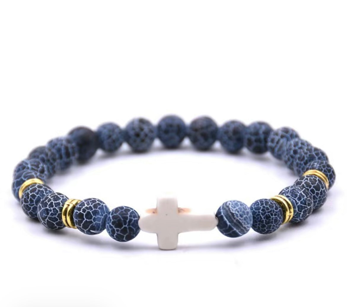 Cross bracelets natural stainless steel cross elastic rope map lava bead bracelet for daily wear!
