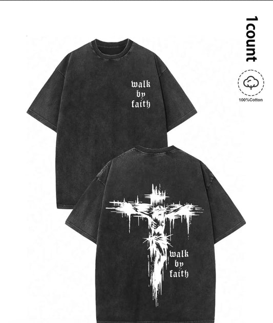 Unisex 100% cotton cross and faith over fear slogan print washed distress short sleeve T-shirt for everyday wear!